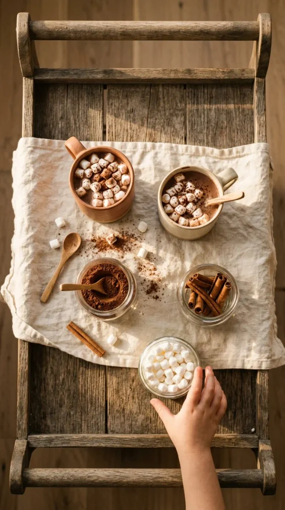 Hot chocolate toppings in small jars with two mugs on a fall drink cart