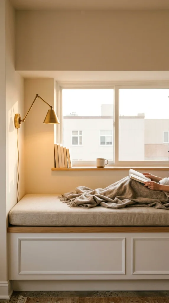 IKEA Besta window seat with a recessed base, oak top, linen cushion, and warm sconce light