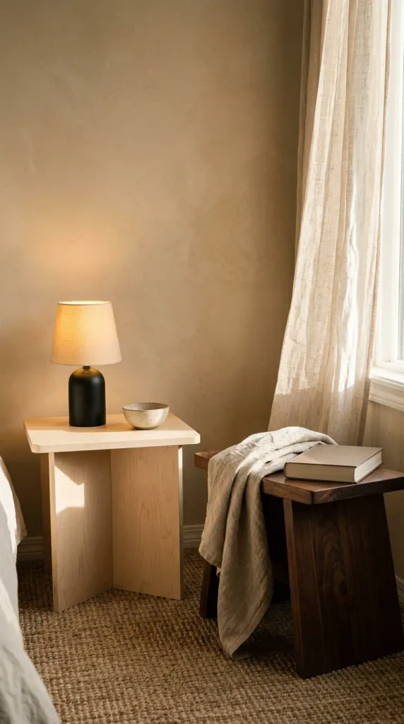 Japandi corner mixing birch and walnut wood with jute, linen, stoneware, and one black lamp base