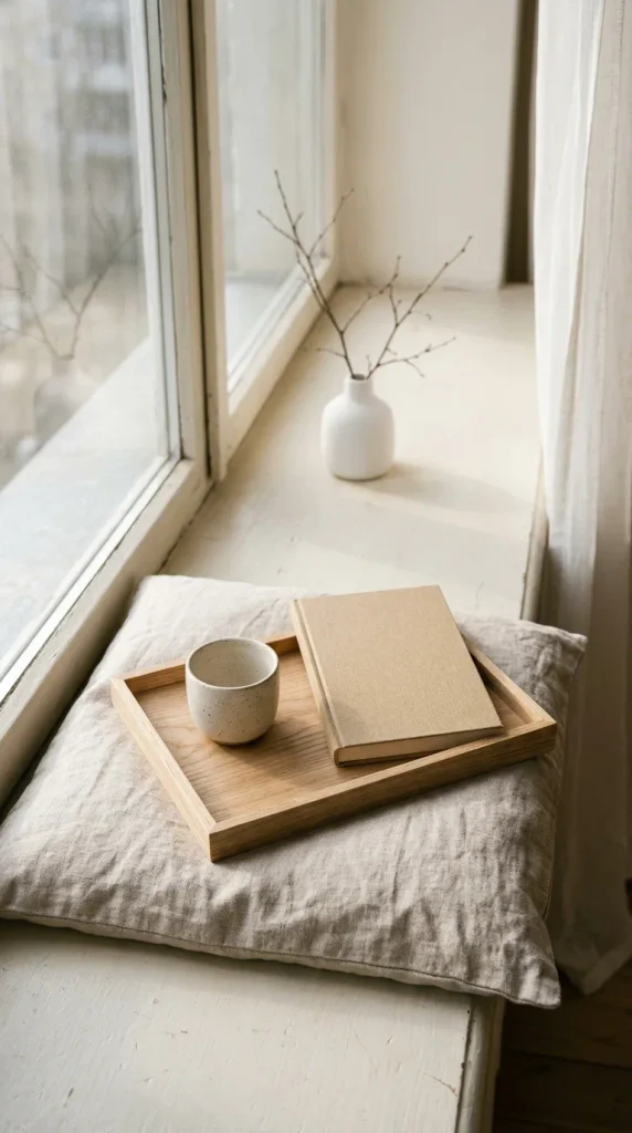 Japandi window sill with an oak tray, ceramic cup, one book, and a single branch in a vase