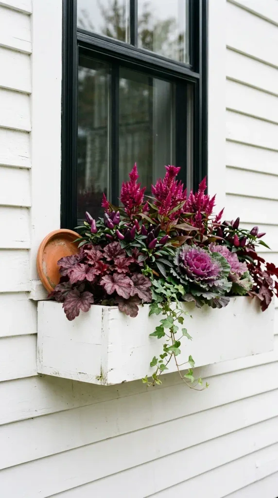 Jewel-tone fall window box with celosia, purple peppers, burgundy heuchera, and kale on white siding