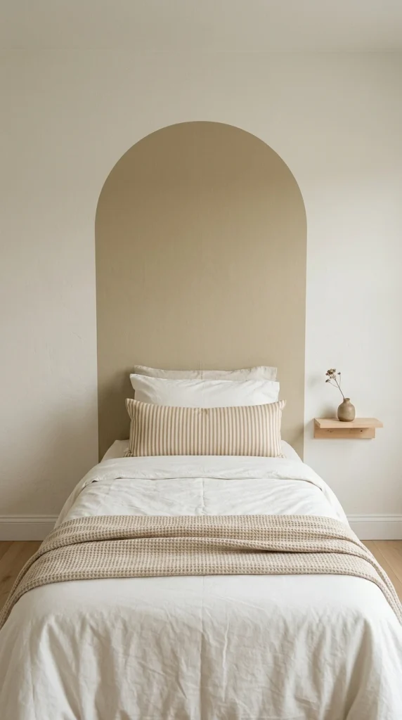 Khaki peel-and-stick arch used as a no-drill headboard behind a twin bed