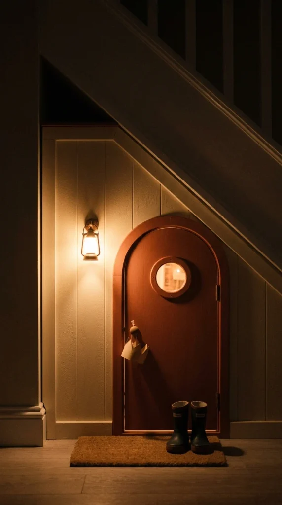 Kid-size arched door and porch light on a playhouse facade under the stairs