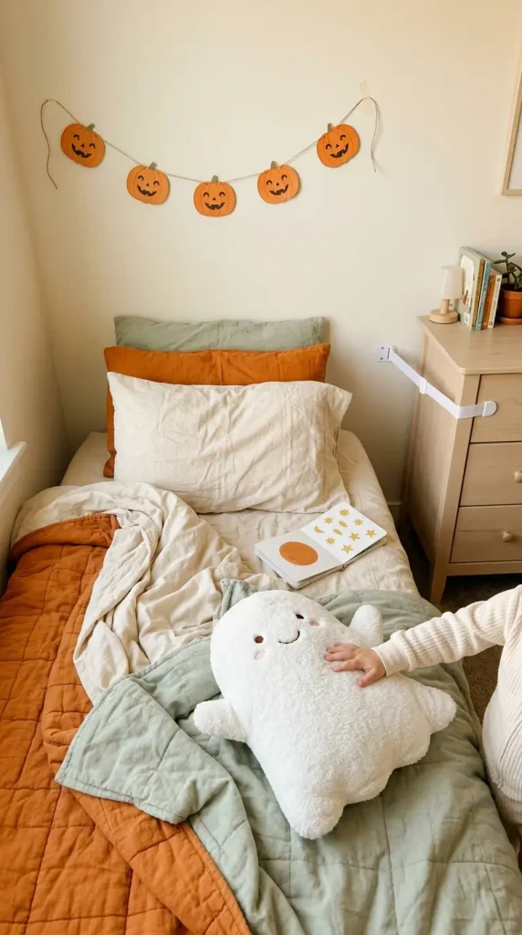 Kids Halloween bedroom with a friendly ghost pillow, paper pumpkin garland up high and an anchored dresser