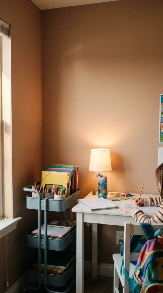Kids homework station with a small white desk and rolling supply cart in a bedroom corner