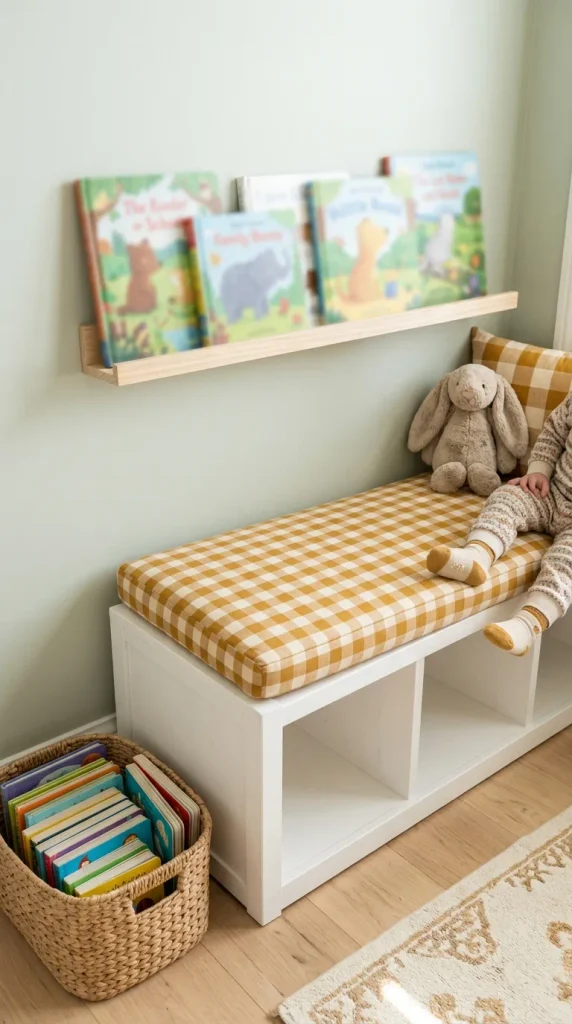 Kids reading bench made from a low IKEA Besta frame with a face-out book ledge above