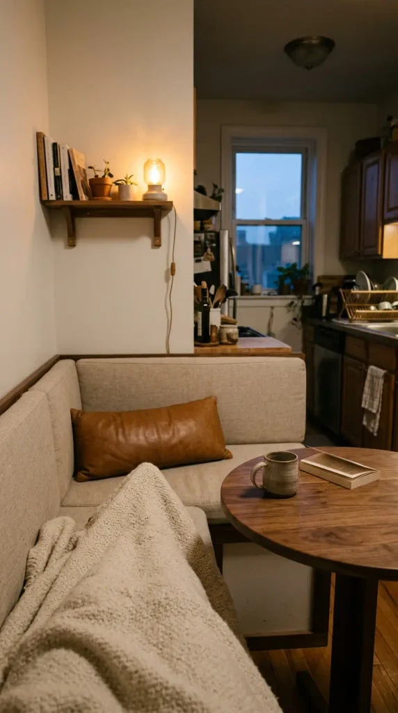 Kitchen corner bench nook with an oatmeal cushion, caramel pillow, warm lamp, and an open book