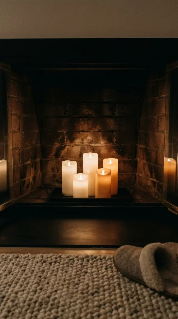 LED candles in three heights glowing inside a non working apartment fireplace