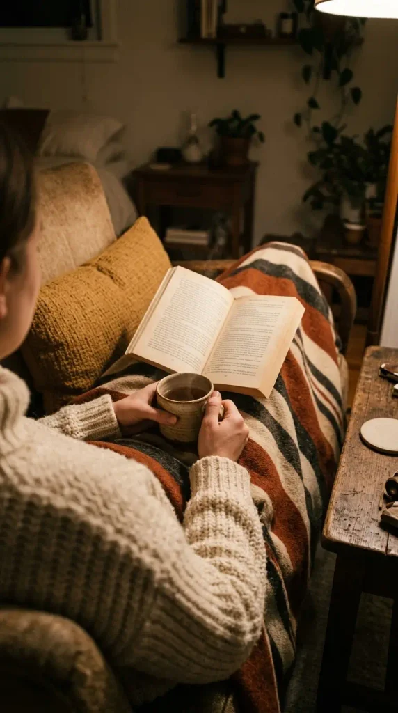 Lap covered in a striped vintage wool blanket with a mug, a vintage fall decor idea for reading corners