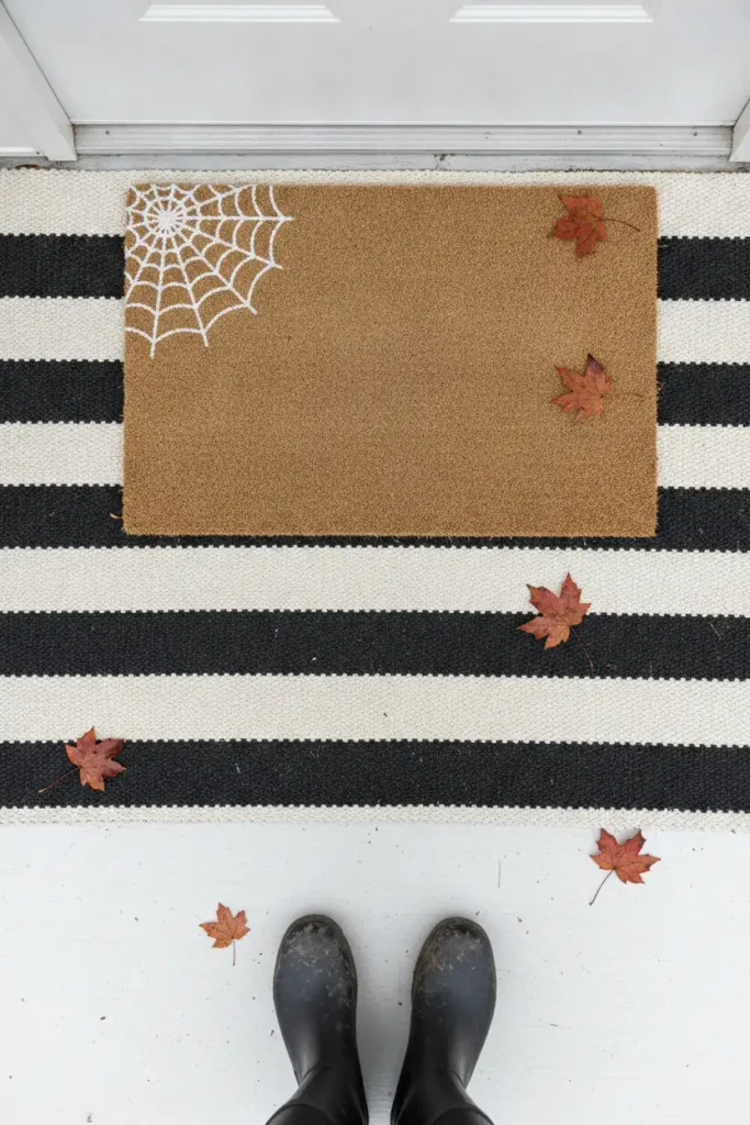 Layered outdoor rug and spiderweb coir mat, an easy DIY Halloween door decoration