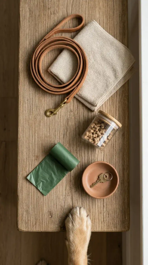 Leash, paw towel, and treat jar laid out as a pet station for a small entryway mudroom