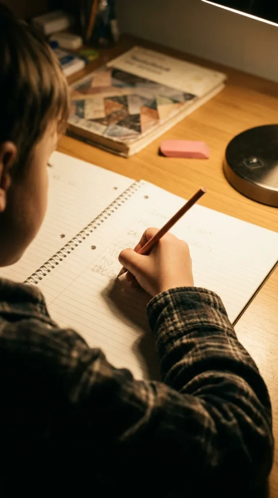Left-handed child writing homework with the desk lamp placed on the right side