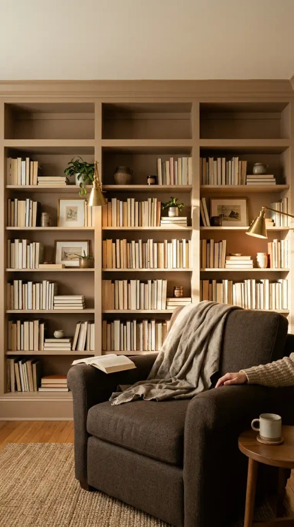 Library lounge with painted built-in bookshelves, crown molding, and an armchair in warm lamp light