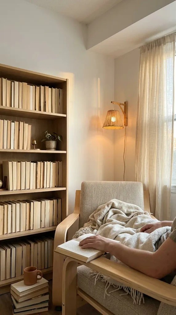 Light academia aesthetic reading corner in a small apartment with a birch armchair, oak bookcase, and warm wall lamp
