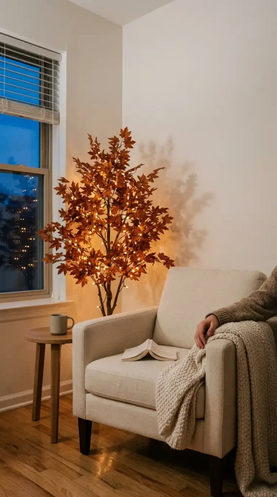 Lighted fall tree glowing behind a linen armchair in a small apartment reading corner at night