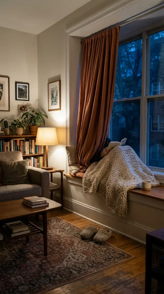 Lined curtain drawn behind a window sill reading seat at dusk, with a wool throw and tea