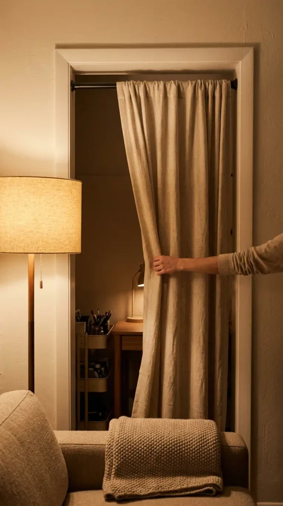 Linen curtain on a tension rod closing off a small office alcove in an apartment at night