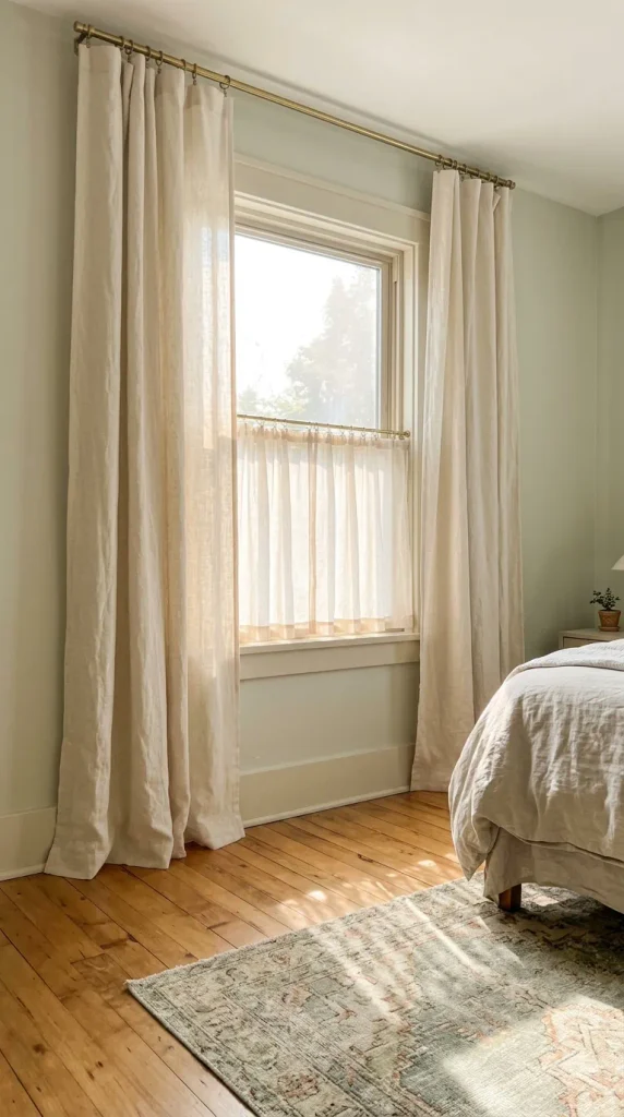 Linen curtains hung high and wide on an English cottage bedroom window