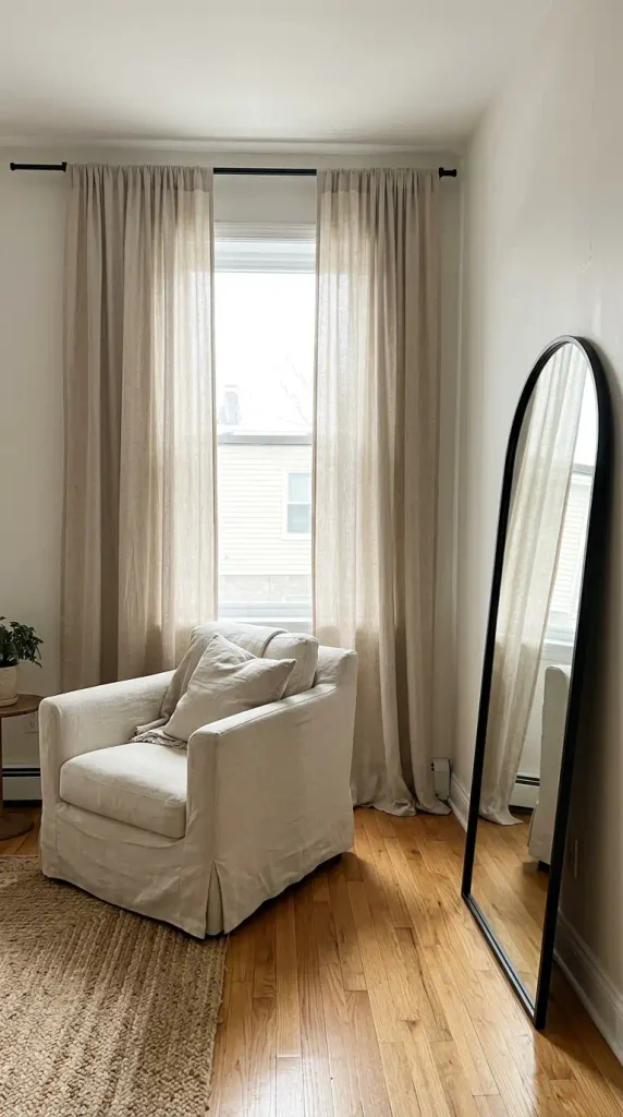 Linen curtains hung high and wide with an arched black mirror in a small farmhouse living room