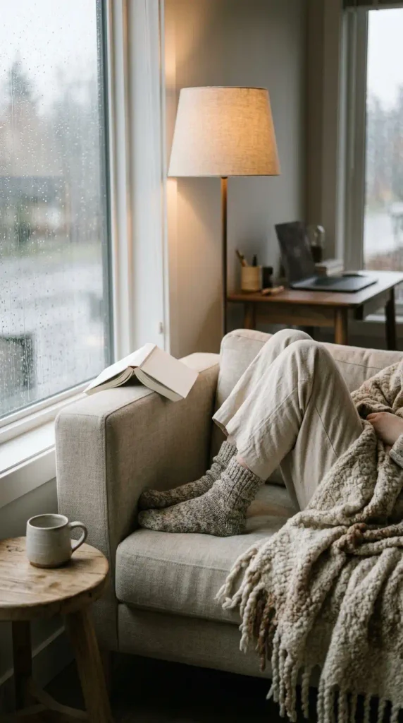 Linen reading armchair with a wool throw beside a small home office desk on a rainy day
