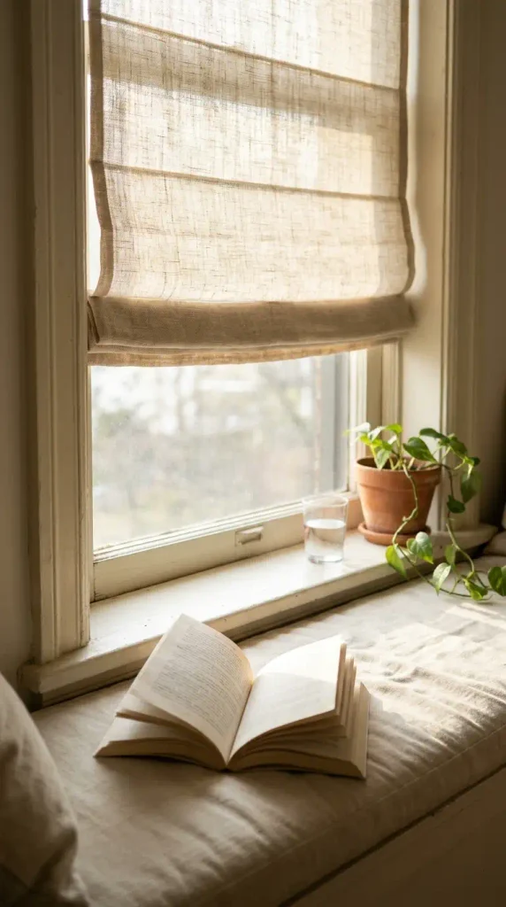 Linen shade softening morning sun over a window sill reading seat with an open book