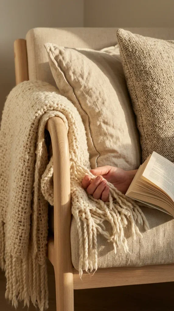 Linen, wool, and tweed layered on an armchair in golden hour light for a light academia look
