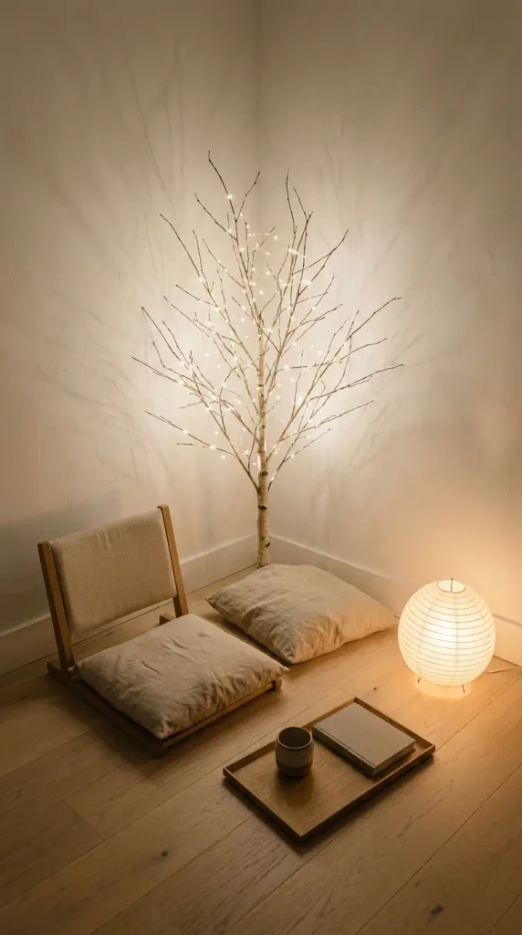 Lit twig tree throwing branch shadows on a white wall in a minimalist reading corner
