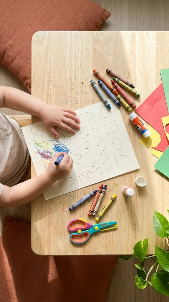 Little ones doing kindergarten homework at a low kids table with crayons