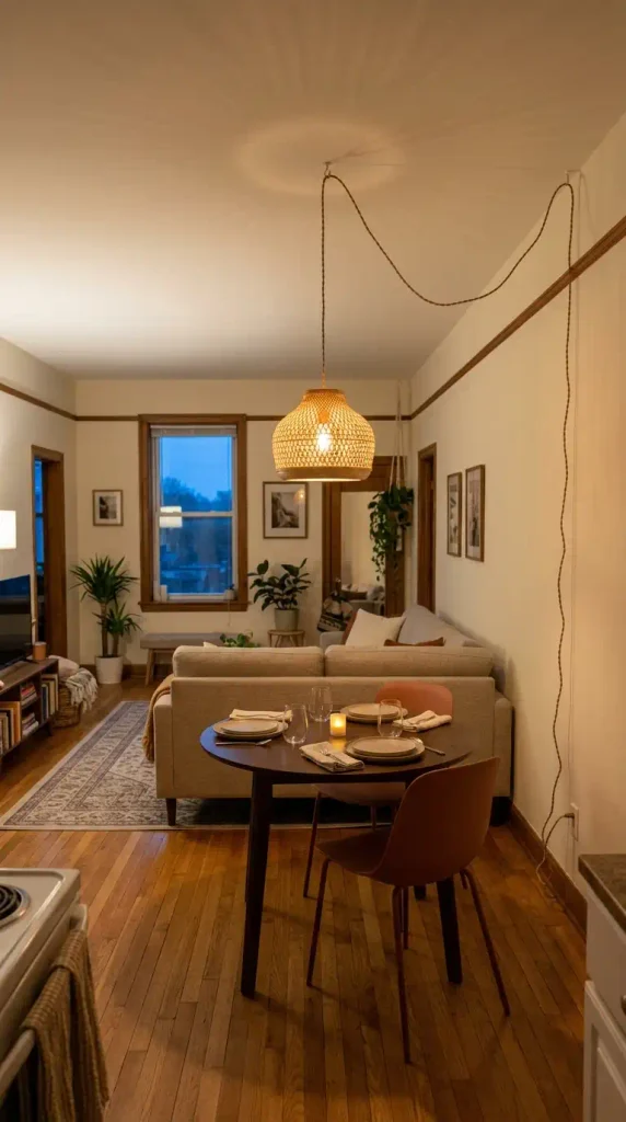 Living and dining combo in a small apartment with a round table and plug-in pendant. Small Apartment Living Room Ideas