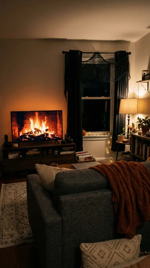 Living room at night lit by a TV fireplace video, a table lamp and fairy lights for Halloween