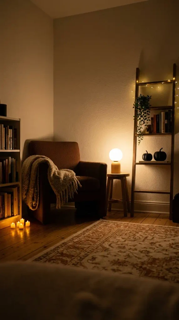 Low-Glow Rule living room Halloween lighting with floor tea lights, a 2700K table lamp and eye-level fairy lights