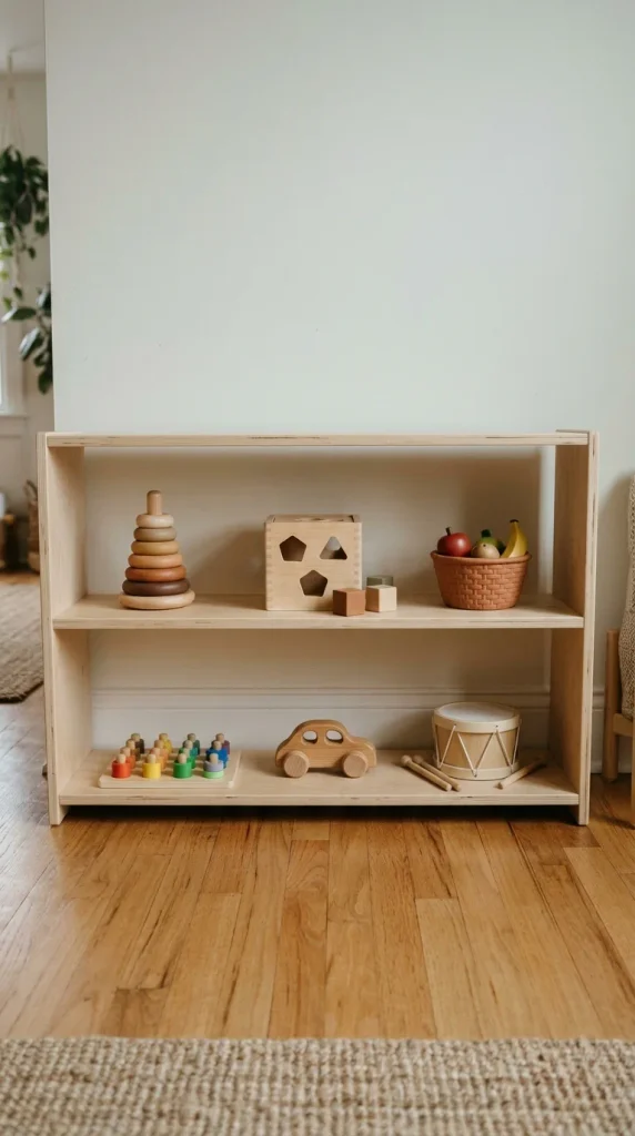 Low birch Montessori shelf at toddler eye level with six wooden toys spaced apart