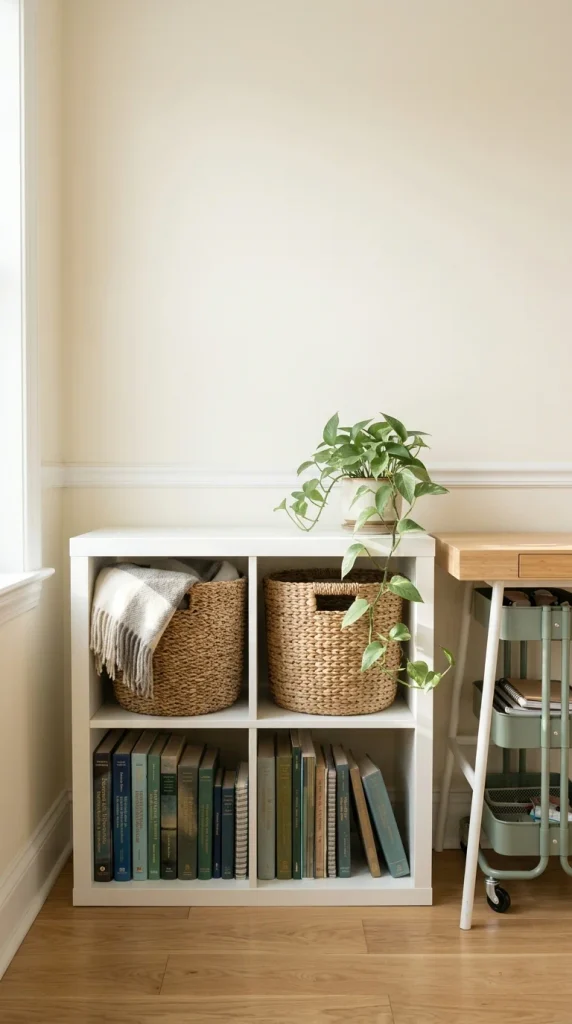 Low cube shelf with baskets and textbooks beside a desk as safe, no-drill study room storage