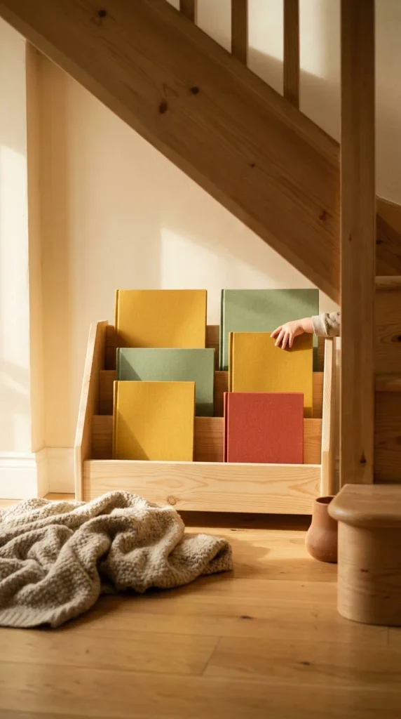 Low front-facing book display at toddler height in an under the stairs play nook