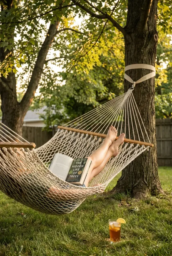 Low hanging rope hammock between two trees in a backyard oasis at golden hour with a reader and book