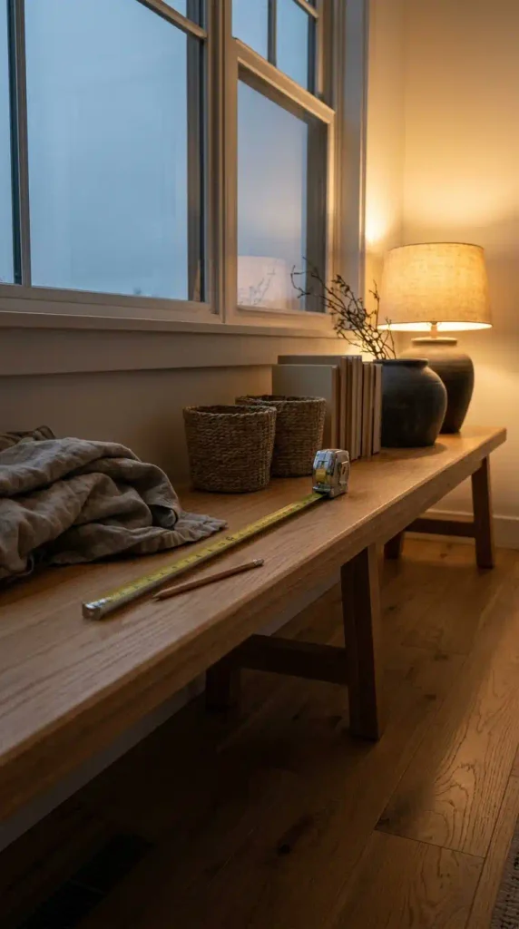 Low oak bench under a window with baskets and a tape measure, a Japandi storage idea