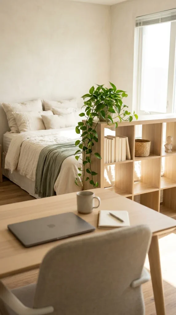 Low open shelf dividing a studio apartment bedroom from the desk in a light academia palette