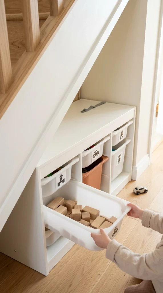Low toy storage bins tucked into the lowest wedge of an under the stairs playroom