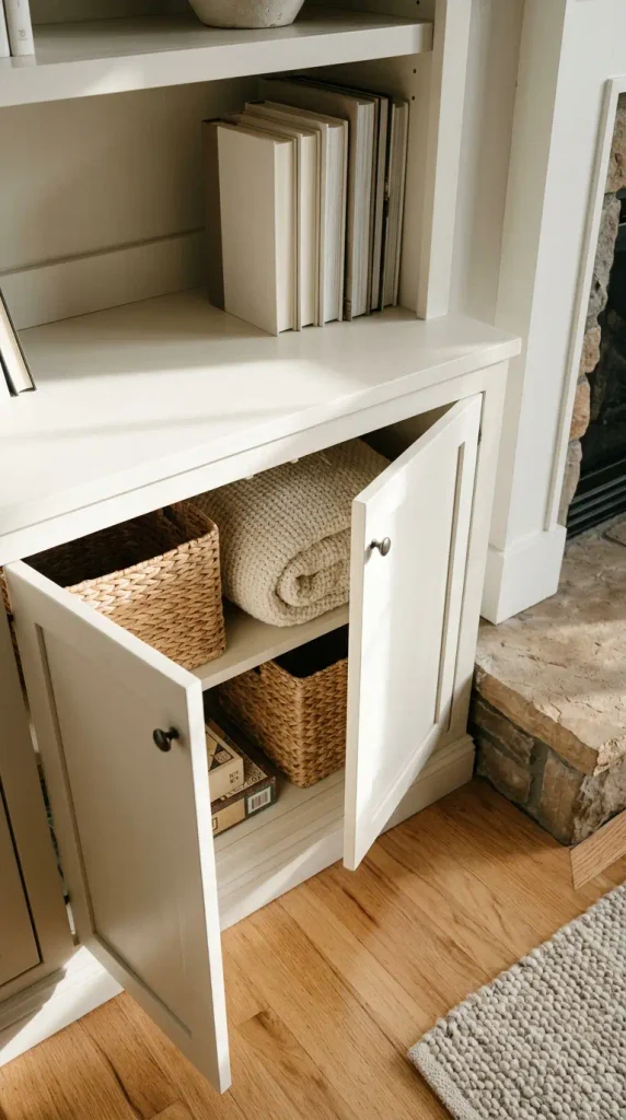 Lower cabinet doors open on fireplace bookshelves, hiding baskets and games below open book shelves