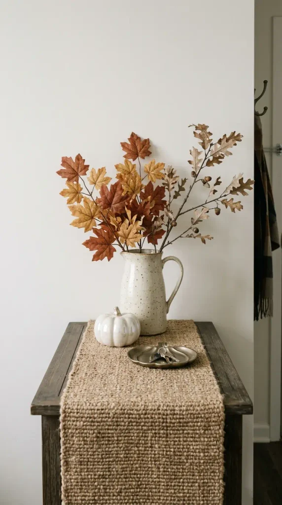 Maple leaf picks and a real branch in a stoneware pitcher on a small entry console for fall