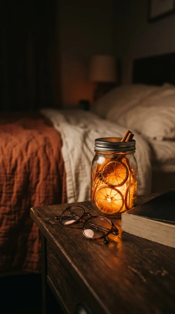 Mason jar with dried orange slices and an LED tea light glowing on a bedroom nightstand
