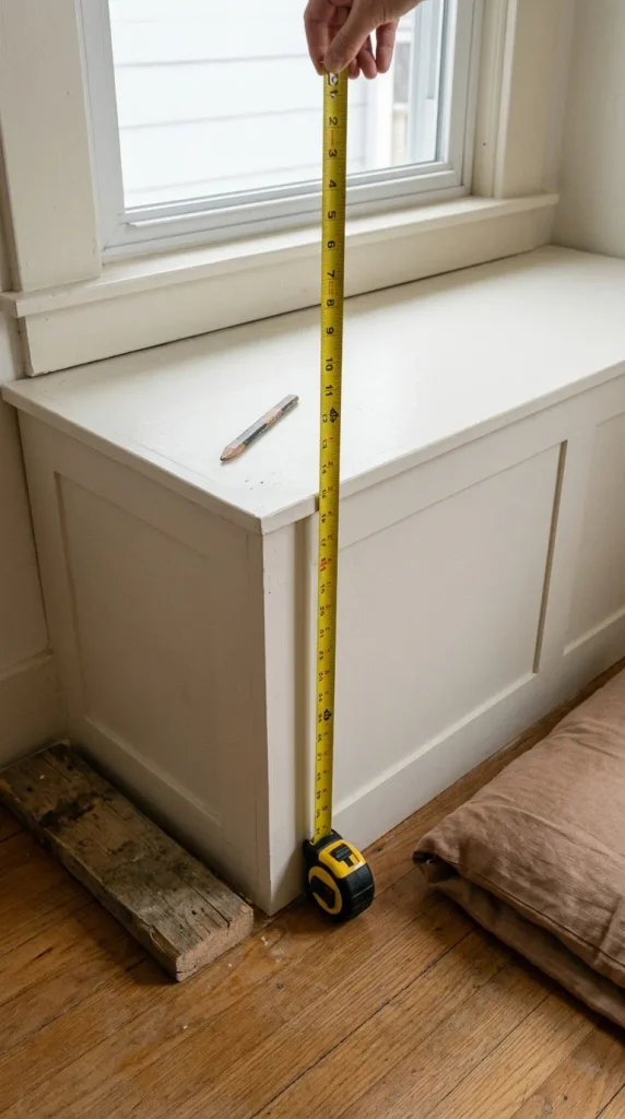Measuring IKEA Besta window seat height with a tape measure before adding the cushion