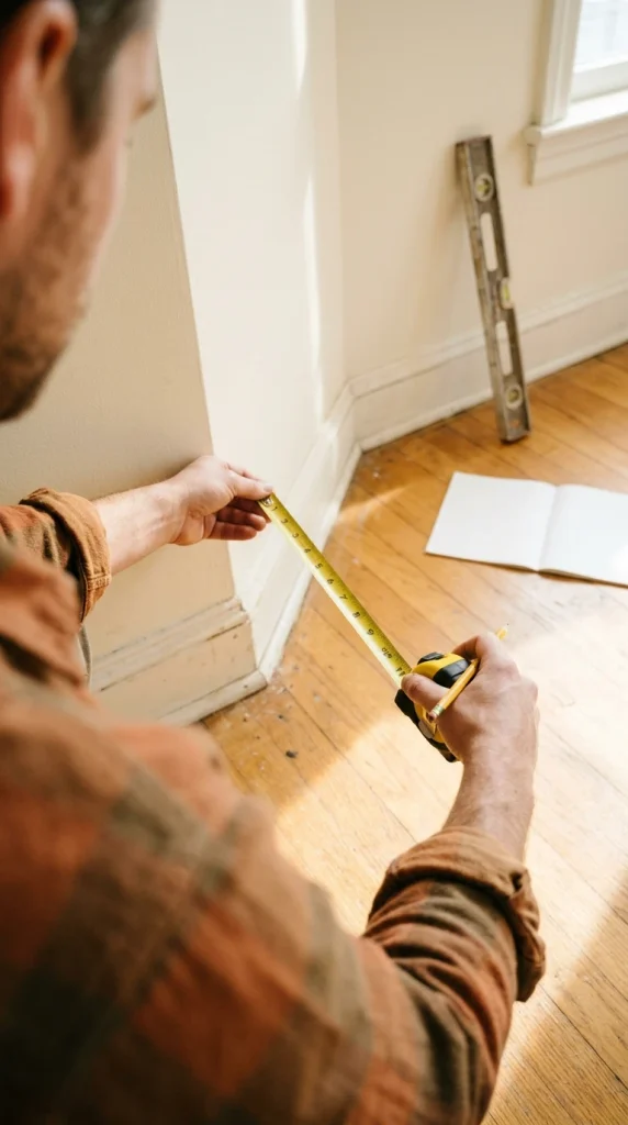 Measuring wall width and baseboard height before planning a home library lounge