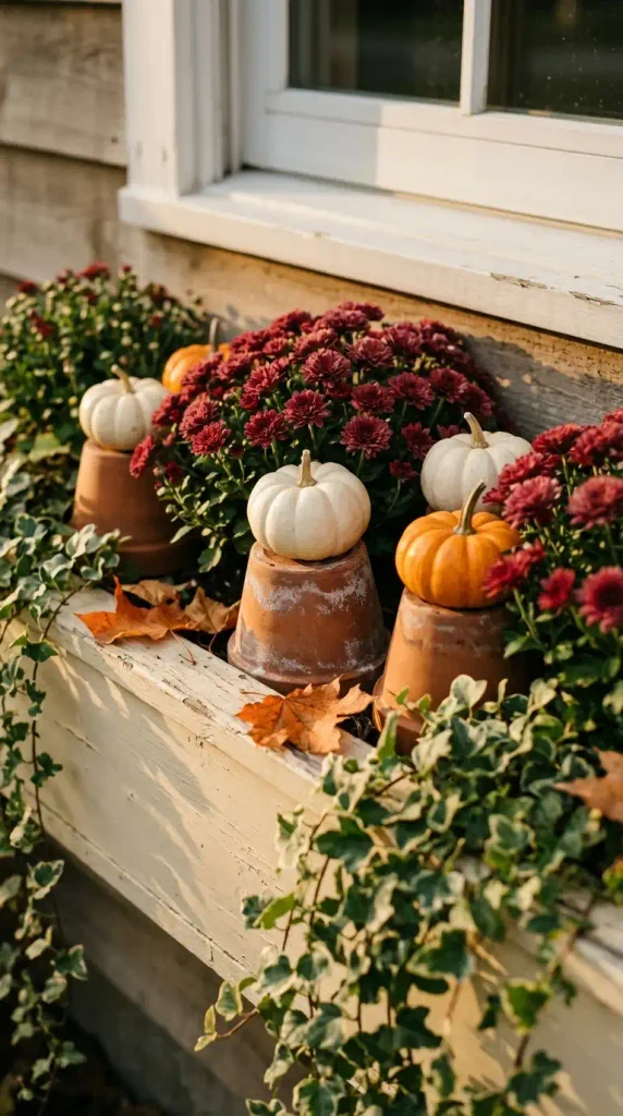 Mini pumpkins raised on upturned clay pots in a fall window box with burgundy mums and ivy