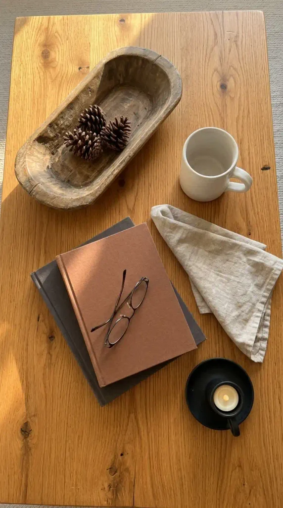 Modern farmhouse coffee table styled with one rustic dough bowl and simple white ceramics
