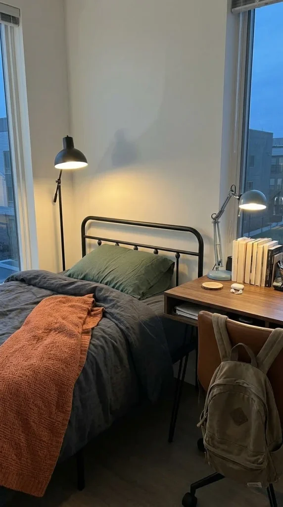 Modern teen boy bedroom pairing a black metal bed with a walnut desk and leather chair