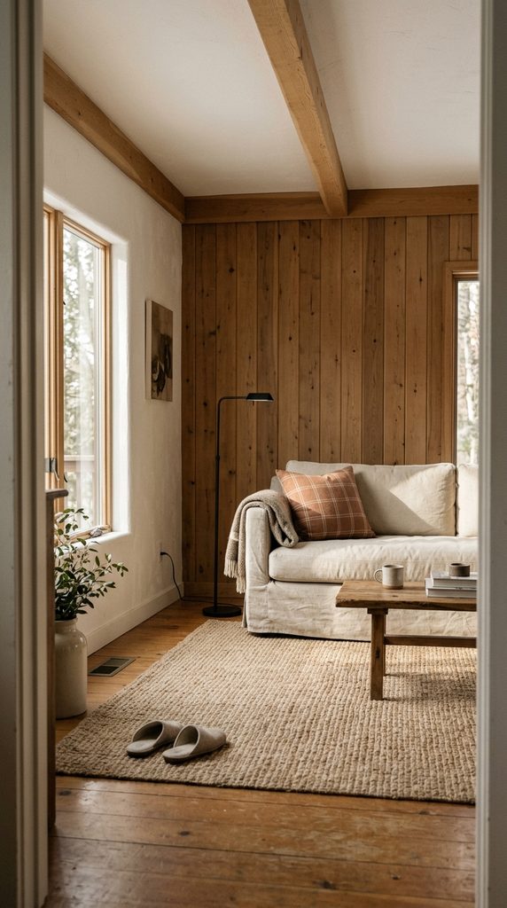 Modern rustic cabin living room with warm white walls, a wood plank wall, and a linen sofa