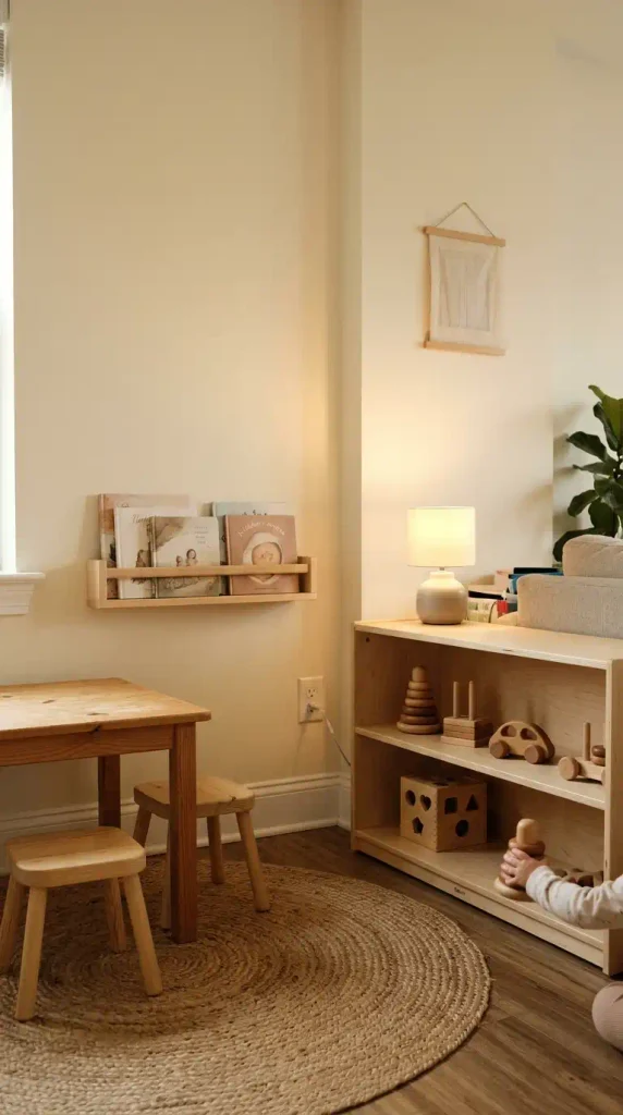 Montessori playroom corner with a low birch shelf, pine table, jute rug and a toddler hand reaching for a toy