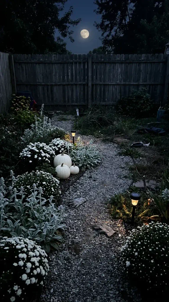 Moon garden path at night with white mums, silver lamb's ear, and white pumpkins in a small backyard