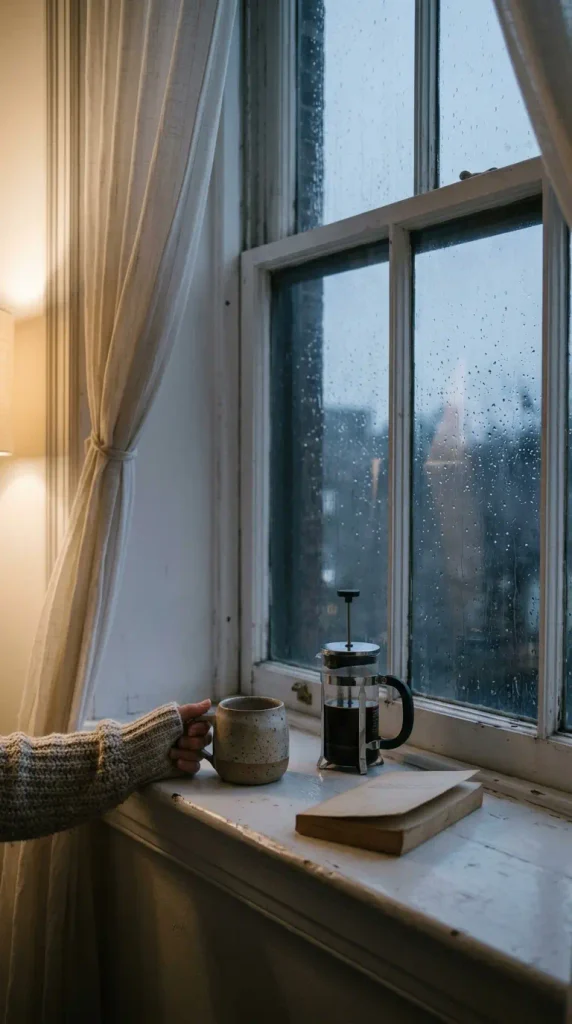 Mug and small French press on a deep window sill on a rainy fall afternoon
